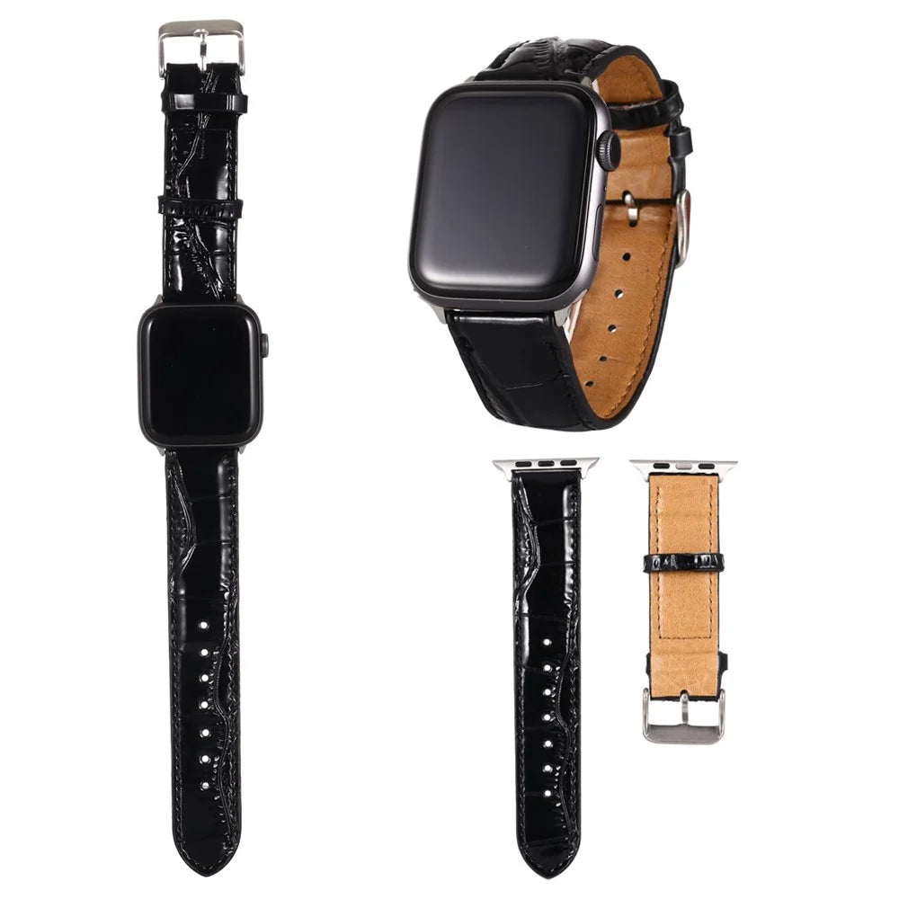 Crocodile Skin Split Leather Watch Band Strap Replacement for Apple Watch Ultra 3 2 1 49mm / Series 11 10 46mm / 9 8 7 45mm / SE3 SE2 SE 6 5 4 44mm / 3 2 1 42mm - Black - 2