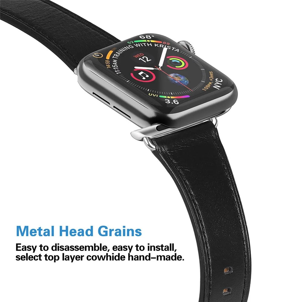 Genuine Leather Watch Strap for Apple Watch Series 11 10 42mm / 9 8 7 41mm / SE3 SE2 SE 6 5 4 40mm / 3 2 1 38mm - Black - 3