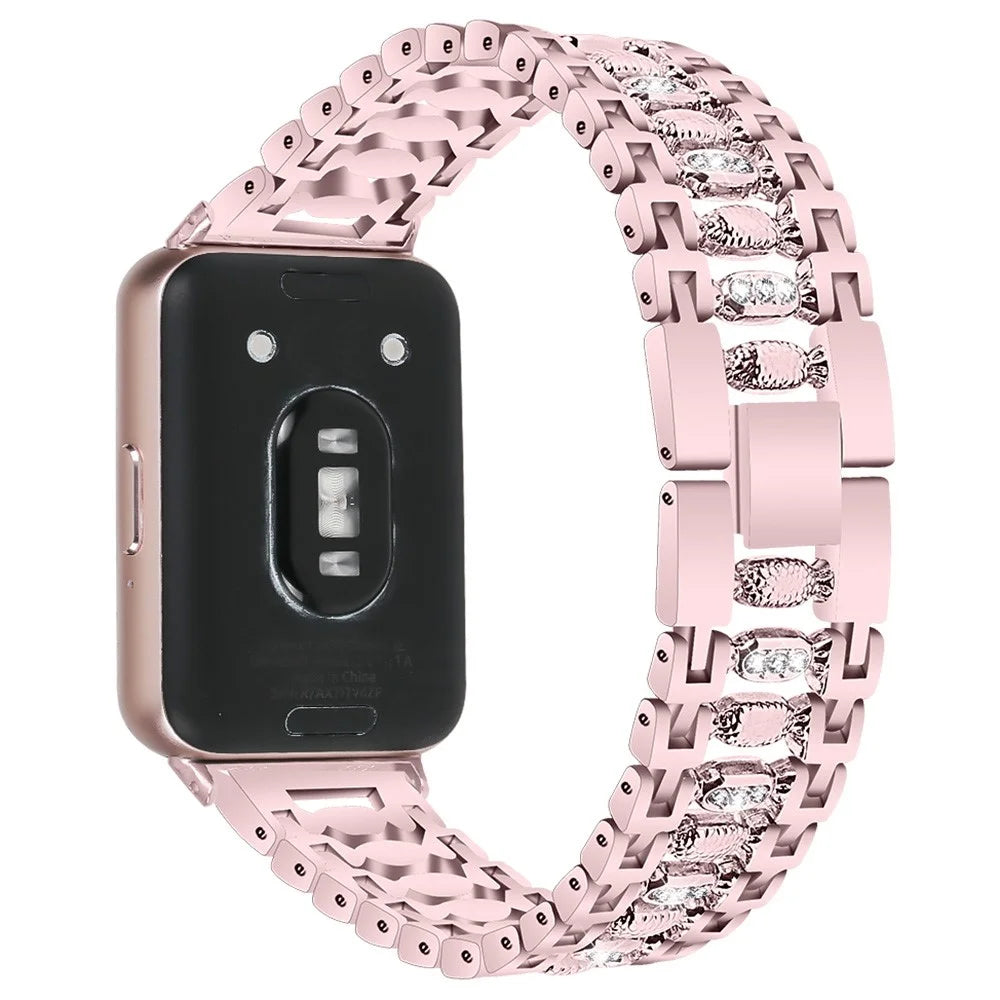 For Samsung Galaxy Fit3 SM-R390 Smart Watch Band Metal Wrist Strap with Rhinestone - Rose Pink - 1