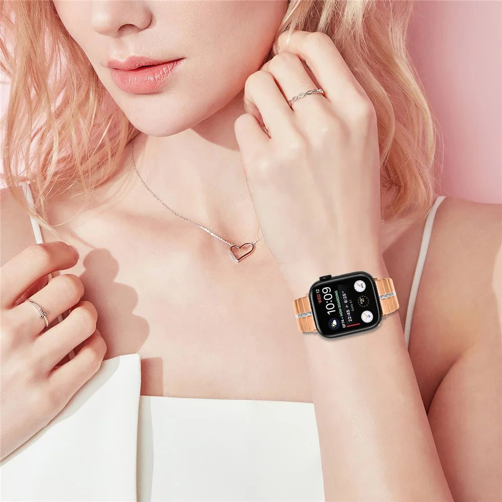 For Apple Watch Ultra 3 2 1 49mm / Series 11 10 46mm / 9 8 7 45mm / SE3 SE2 SE 6 5 4 44mm / 3 2 1 42mm Stainless Steel Strap - Rose Gold+Silver - 6