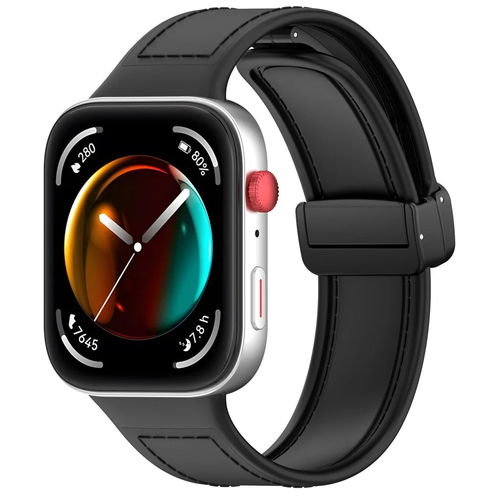 For Huawei Watch Fit 3 Leather Coated Silicone Band Adjustable Watch Strap with Magnetic Buckle - Black - 4