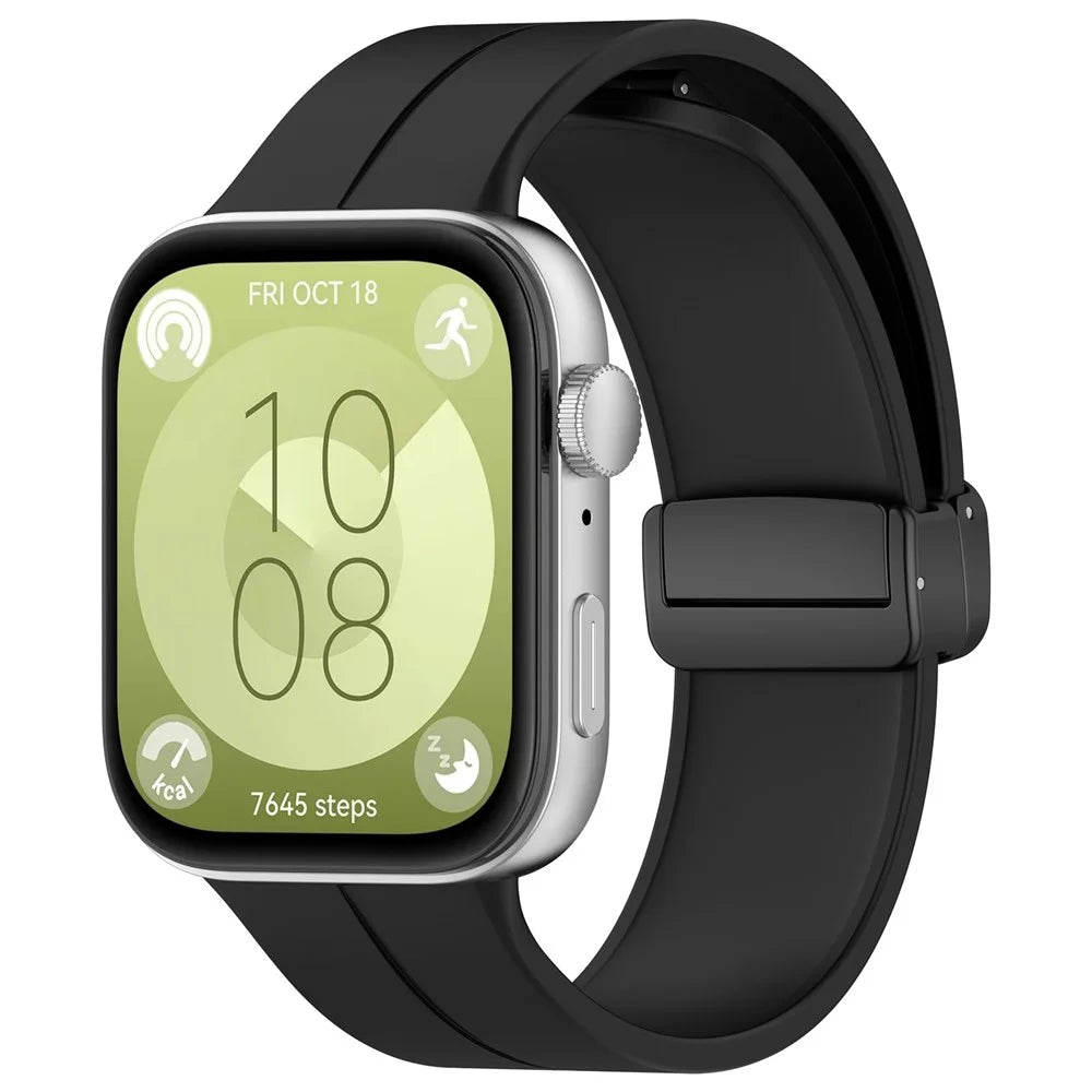 For Huawei Watch Fit 3 Silicone Watch Band Strap with Magnetic Folding Buckle - Black - 4