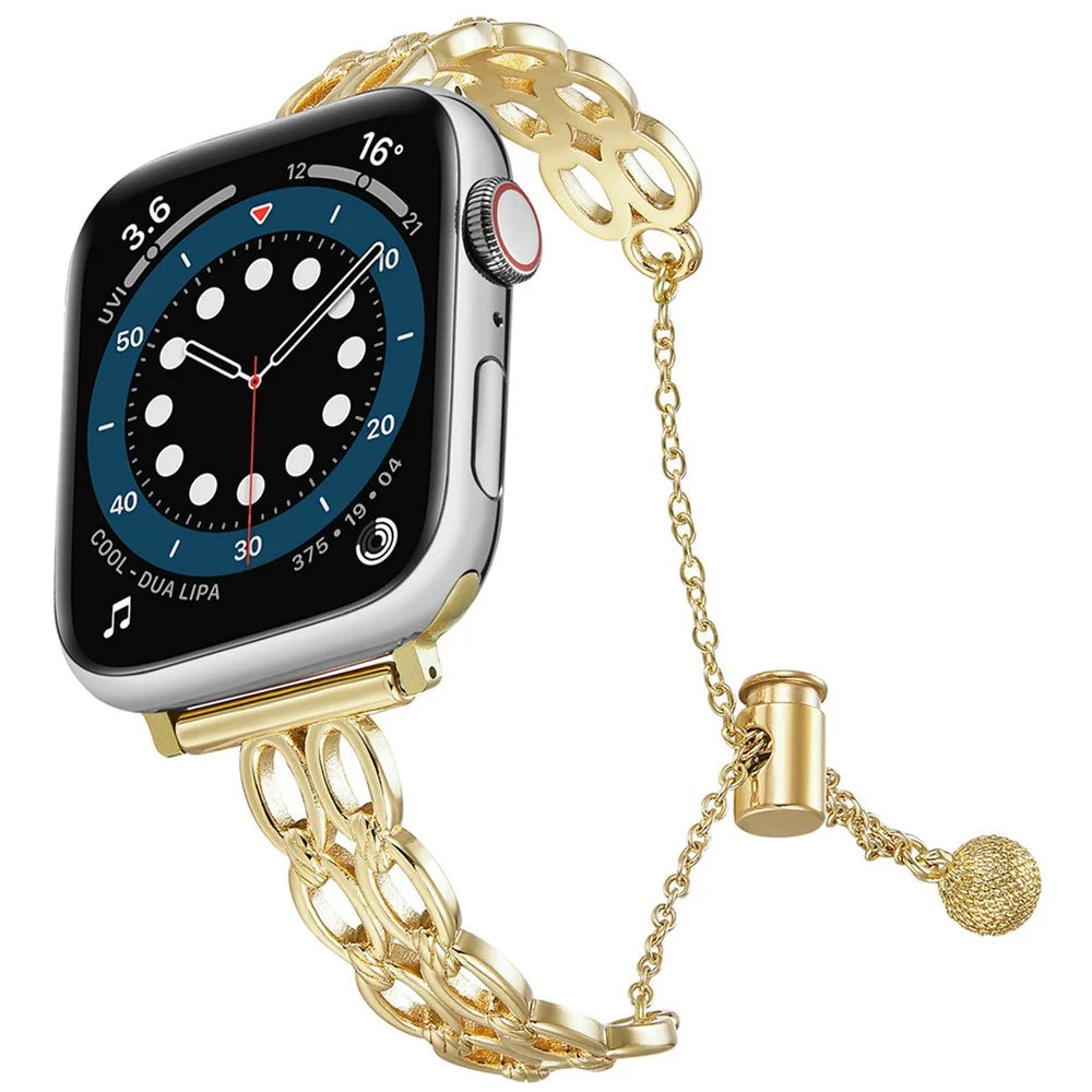 For Apple Watch Series 11 10 42mm / 9 8 7 41mm / SE3 SE2 SE 6 5 4 40mm / 3 2 1 38mm Copper Band Oval Rings Design Watch Strap - Gold - 3