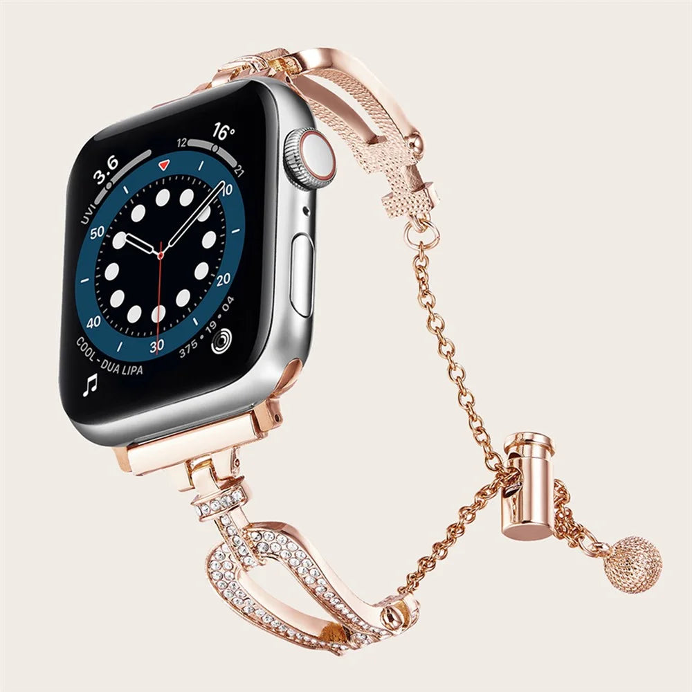 For Apple Watch Series 11 10 42mm / 9 8 7 41mm / SE3 SE2 SE 6 5 4 40mm / 3 2 1 38mm Rhinestone Decor Bracelet U-Shape Zinc Alloy Watch Strap - Rose Gold - 4