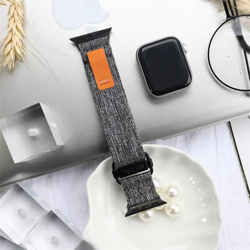 KALEBOL For Apple Watch Series 11 10 42mm / 9 8 7 41mm / SE3 SE2 SE 6 5 4 40mm / 3 2 1 38mm Nylon Watch Band Magic Tape Strap - Black+Grey - 4