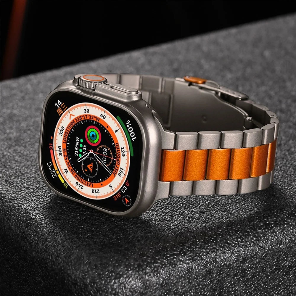 For Apple Watch Ultra 3 2 1 49mm / Series 11 10 46mm / 9 8 7 45mm / SE3 SE2 SE 6 5 4 44mm / 3 2 1 42mm 3-Bead Titanium Alloy Watch Strap - Titanium+Orange - 4
