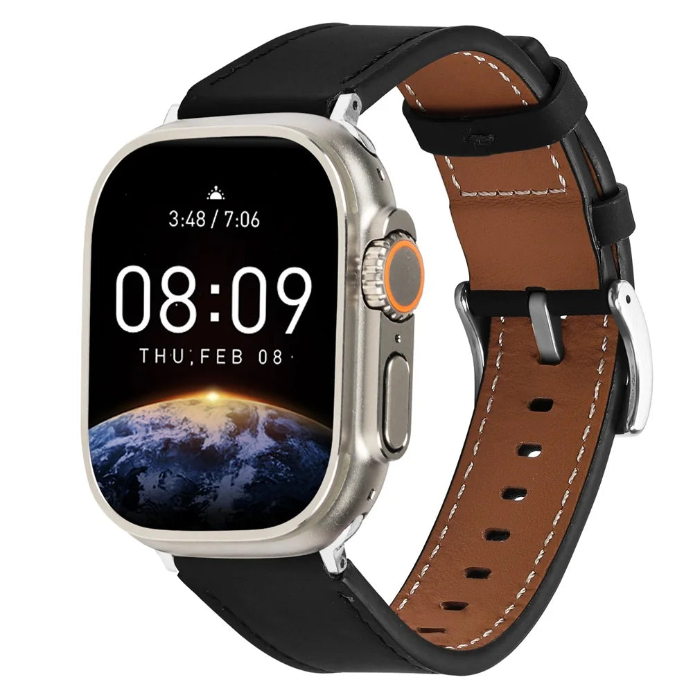For Apple Watch Series 11 10 42mm / 9 8 7 41mm / SE3 SE2 SE 6 5 4 40mm / 3 2 1 38mm Genuine Leather Watch Strap - Black - 2