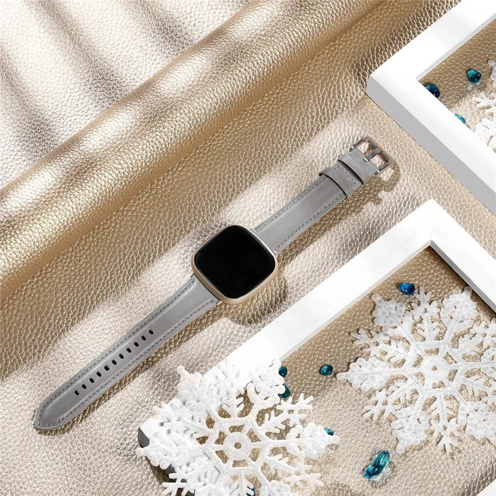 For Fitbit Versa 3 / Fitbit Sense Watch Strap Genuine Cow Leather Wrist Band - Grey - 4