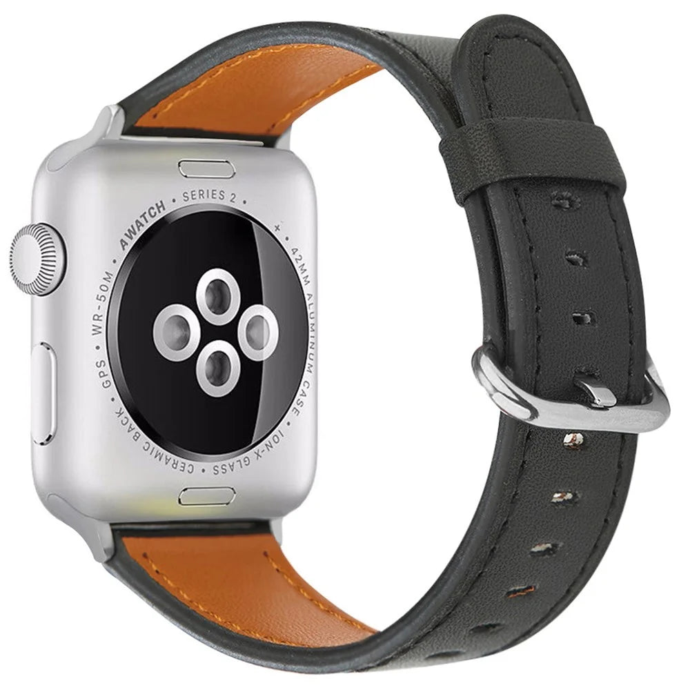 For Apple Watch Ultra 3 2 1 49mm / Series 11 10 46mm / 9 8 7 45mm / SE3 SE2 SE 6 5 4 44mm / 3 2 1 42mm Genuine Cow Leather Strap - Black - 1