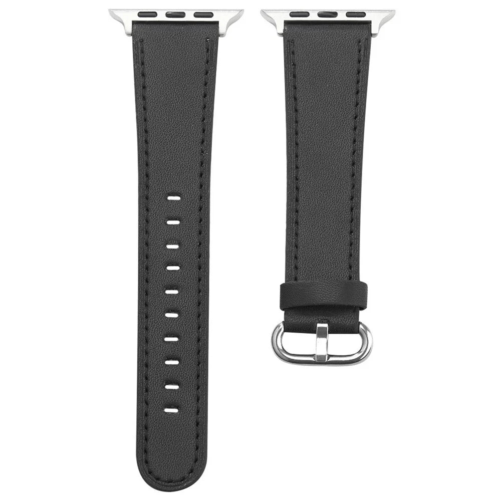 For Apple Watch Series 11 10 42mm / 9 8 7 41mm / SE3 SE2 SE 6 5 4 40mm / 3 2 1 38mm Genuine Cow Leather Strap - Black - 2