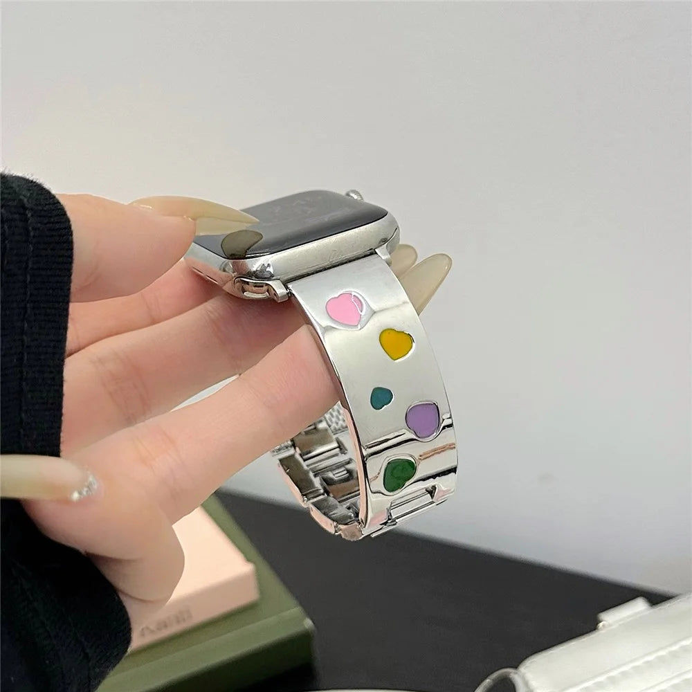 For Apple Watch Ultra 3 2 1 49mm / Series 11 10 46mm / 9 8 7 45mm / SE3 SE2 SE 6 5 4 44mm / 3 2 1 42mm Epoxy Heart Pattern Metal Strap - Starlight - 4