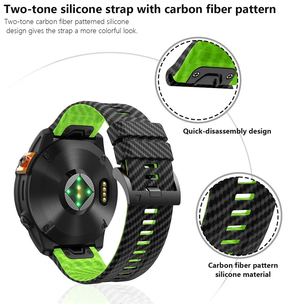 KALEBOL For Garmin Fenix 7X / 7X Pro 51mm / 6X / 6X Pro Silicone Watch Band Quickfit 26mm Carbon Fiber Texture Strap - Black+Lime - 5