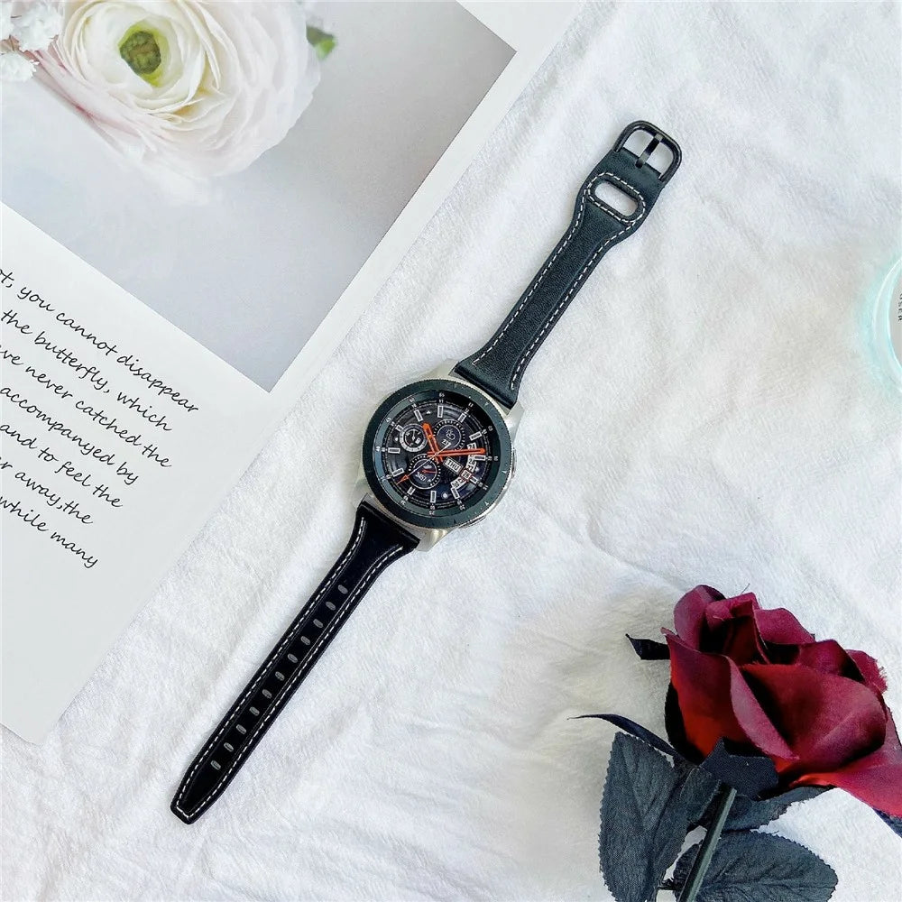 For Huawei Watch GT 4 41mm / Garmin Venu 3S Genuine Cow Leather Band 20mm Watch Strap - Black+Black Buckle - 4