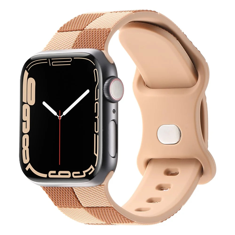 KALEBOL Silicone Strap for Apple Watch Series 11 10 42mm / 9 8 7 41mm / SE3 SE2 SE 6 5 4 40mm / 3 2 1 38mm Checkerboard Watch Band  Light Brown - 3