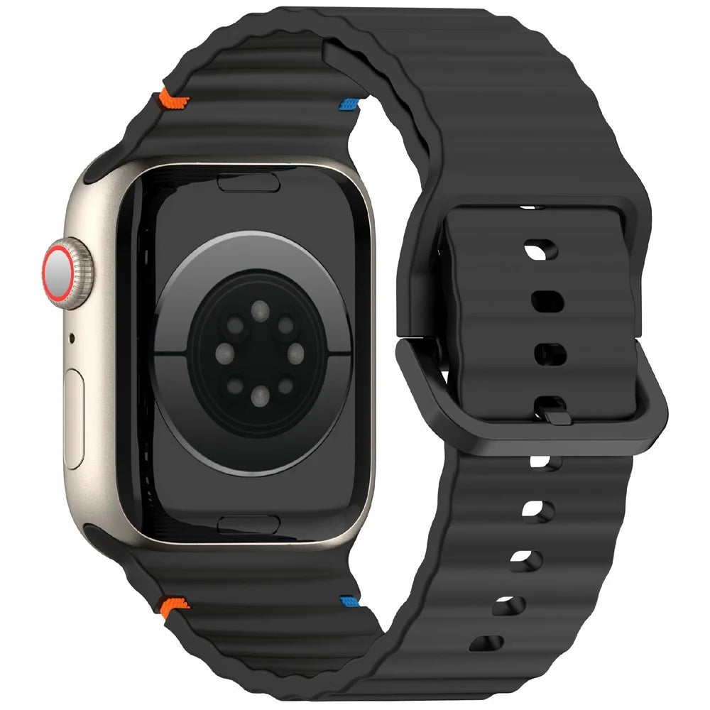 Silicone Strap for Apple Watch Ultra 3 2 1 49mm / Series 11 10 46mm / 9 8 7 45mm / SE3 SE2 SE 6 5 4 44mm / 3 2 1 42mm Wave Band - Black - 1