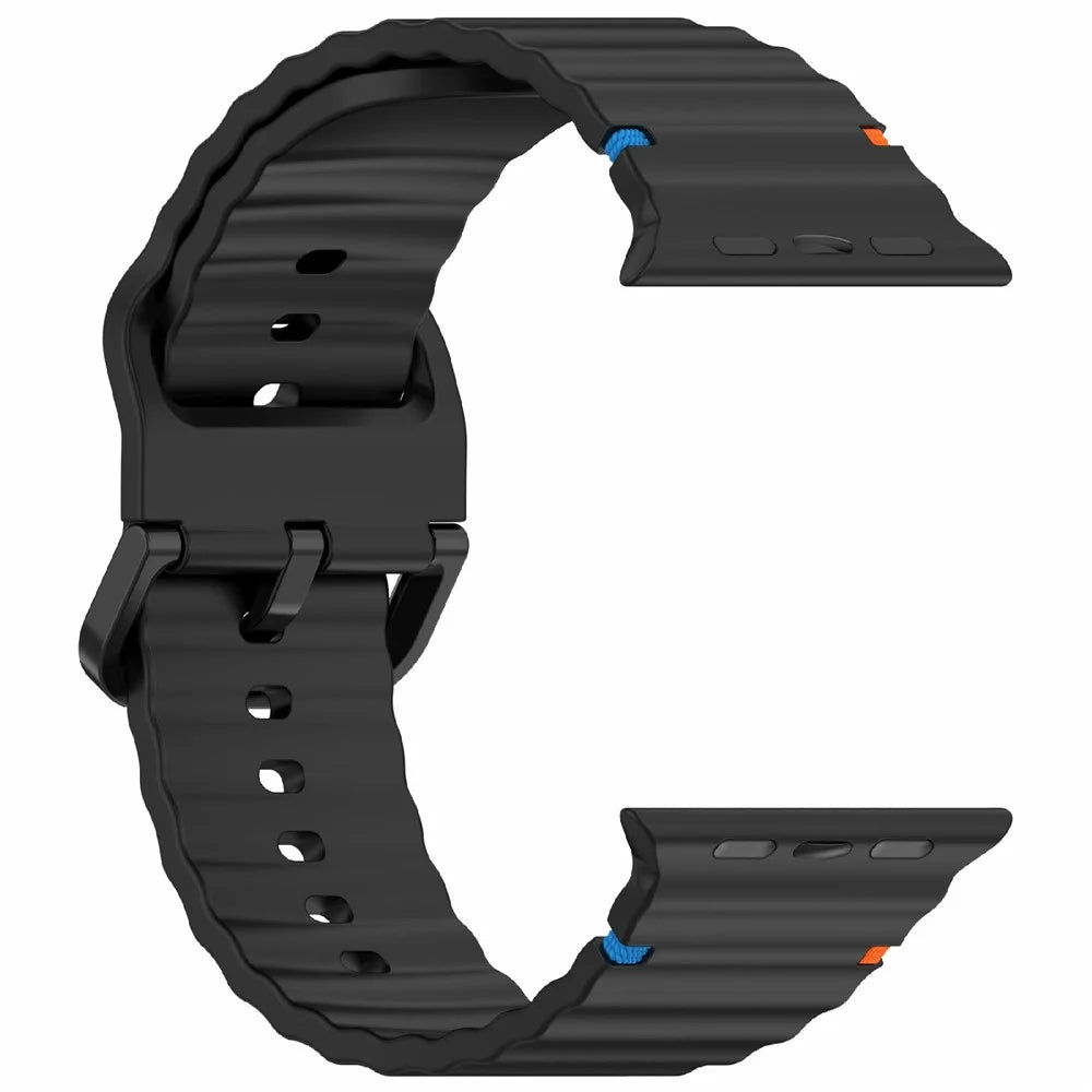 Silicone Strap for Apple Watch Ultra 3 2 1 49mm / Series 11 10 46mm / 9 8 7 45mm / SE3 SE2 SE 6 5 4 44mm / 3 2 1 42mm Wave Band - Black - 4