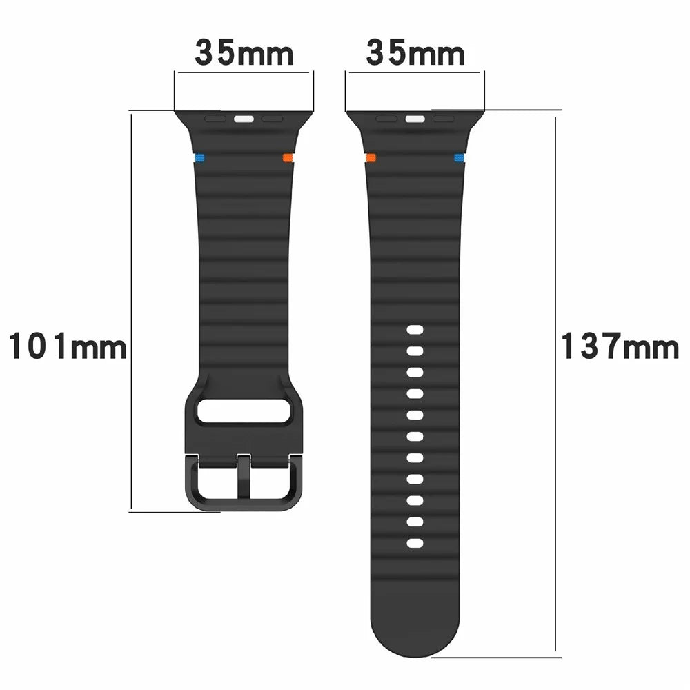 Silicone Strap for Apple Watch Ultra 3 2 1 49mm / Series 11 10 46mm / 9 8 7 45mm / SE3 SE2 SE 6 5 4 44mm / 3 2 1 42mm Wave Band - Black - 6