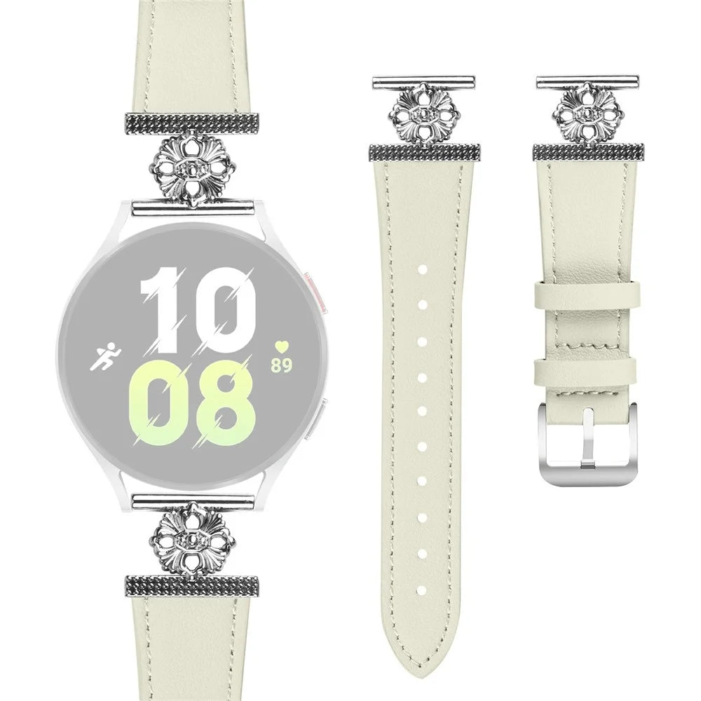 For Samsung Galaxy Watch4 40mm / 44mm Watch Band Genuine Cow Leather Flower Decor Adjustable Strap - White - 1