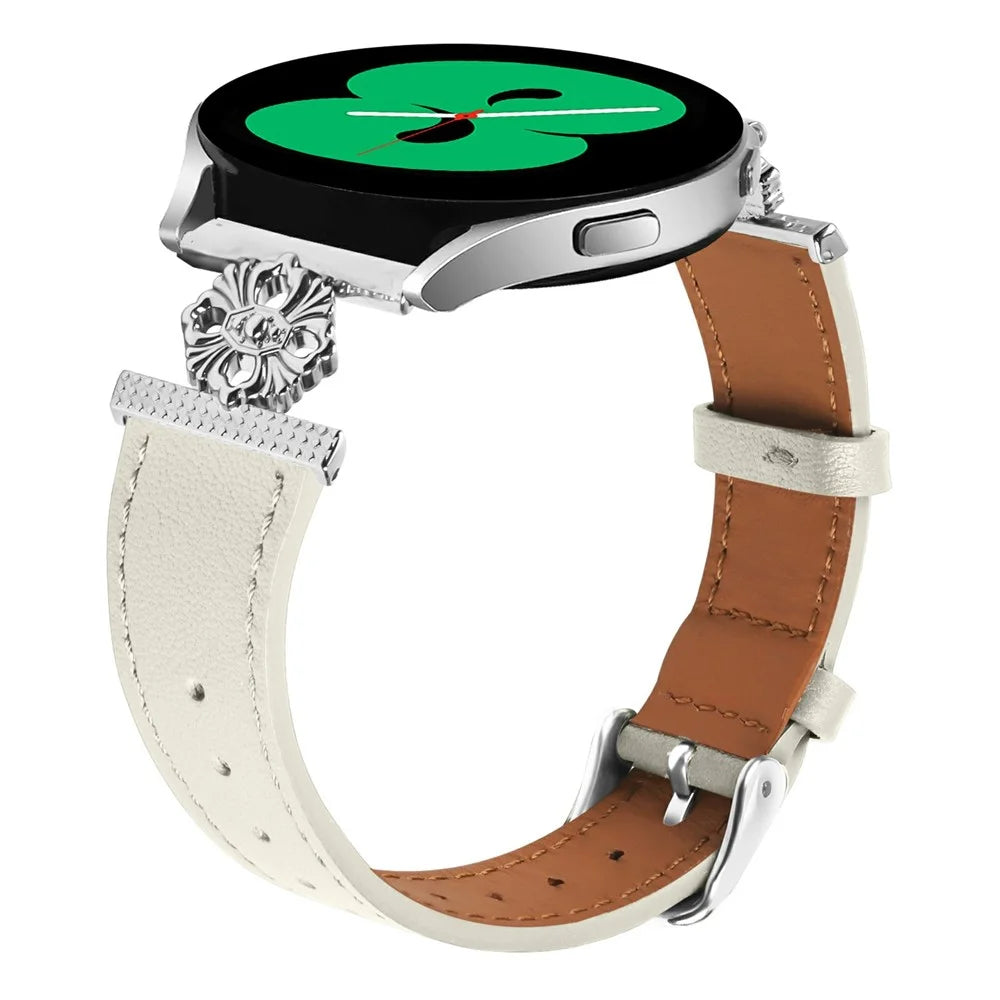 For Samsung Galaxy Watch4 40mm / 44mm Watch Band Genuine Cow Leather Flower Decor Adjustable Strap - White - 2