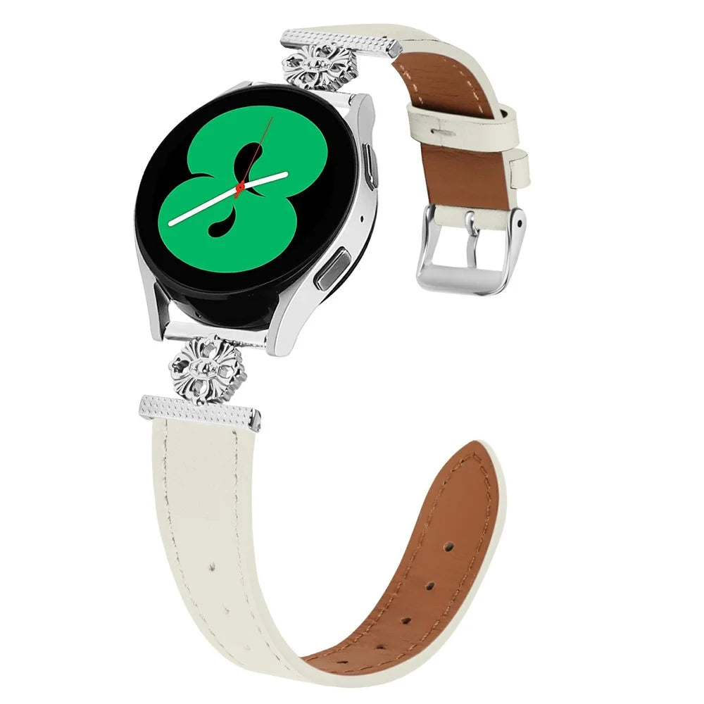 For Samsung Galaxy Watch4 40mm / 44mm Watch Band Genuine Cow Leather Flower Decor Adjustable Strap - White - 3