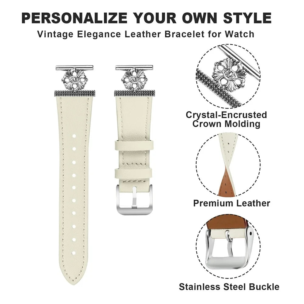 For Samsung Galaxy Watch4 40mm / 44mm Watch Band Genuine Cow Leather Flower Decor Adjustable Strap - White - 4