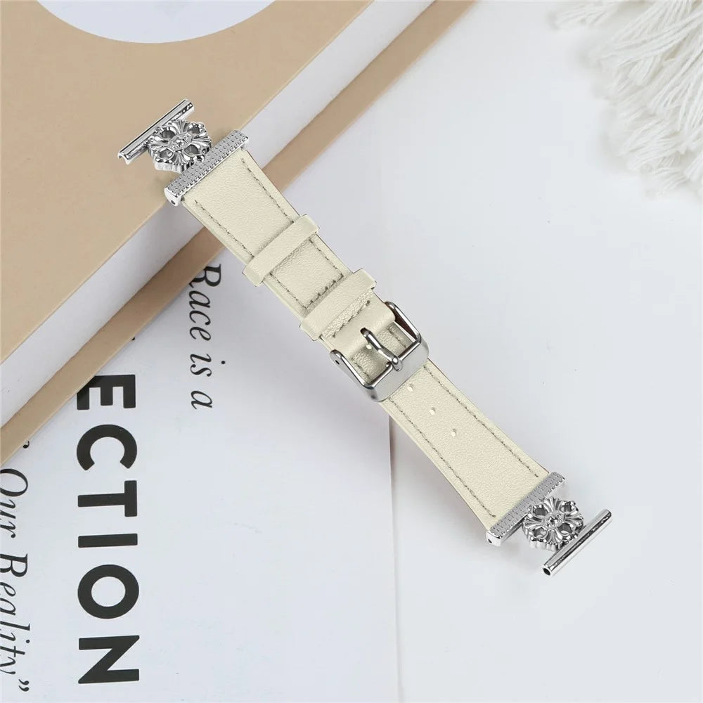 For Samsung Galaxy Watch4 40mm / 44mm Watch Band Genuine Cow Leather Flower Decor Adjustable Strap - White - 5