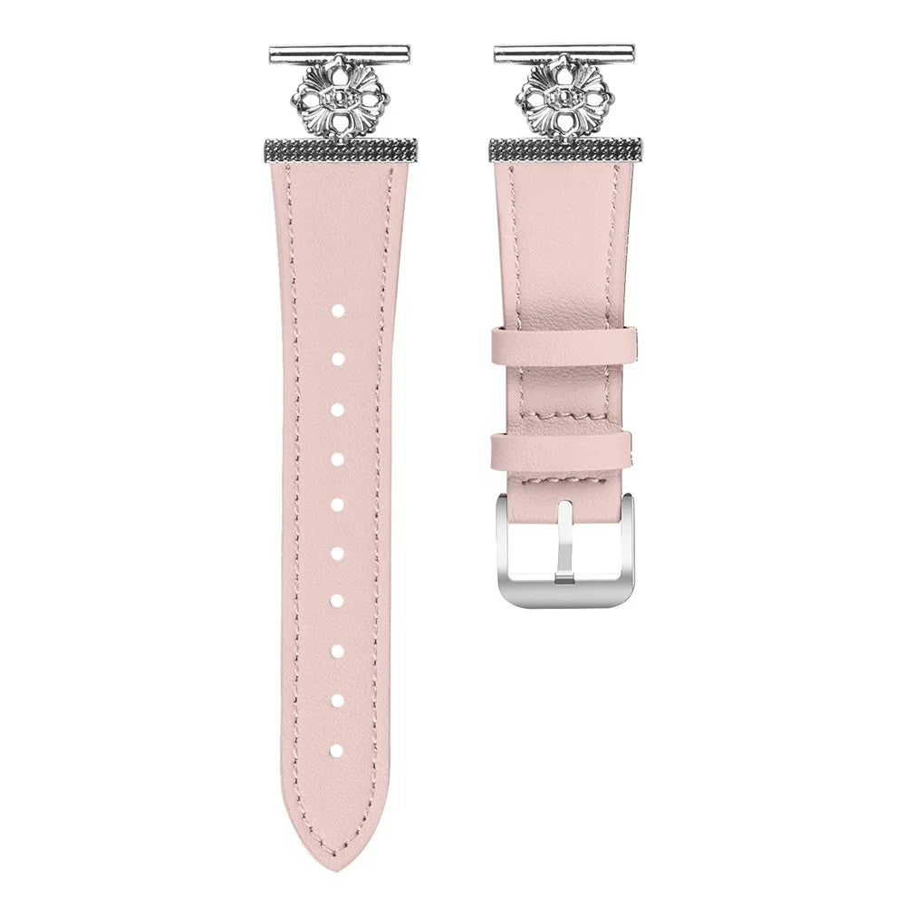 For Garmin Vivomove Sport / Venu 2 Plus Watch Band Genuine Cow Leather Flower Decor Adjustable Strap - Pink - 1