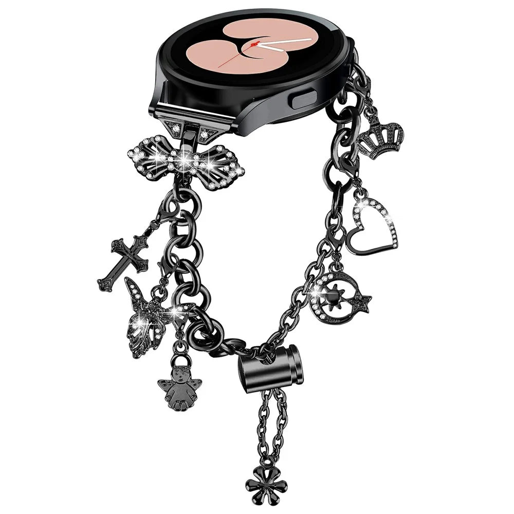 For Samsung Galaxy Watch7 44mm / 40mm Smartwatch Strap Metal Charm Wristband Bracelet - Black - 2
