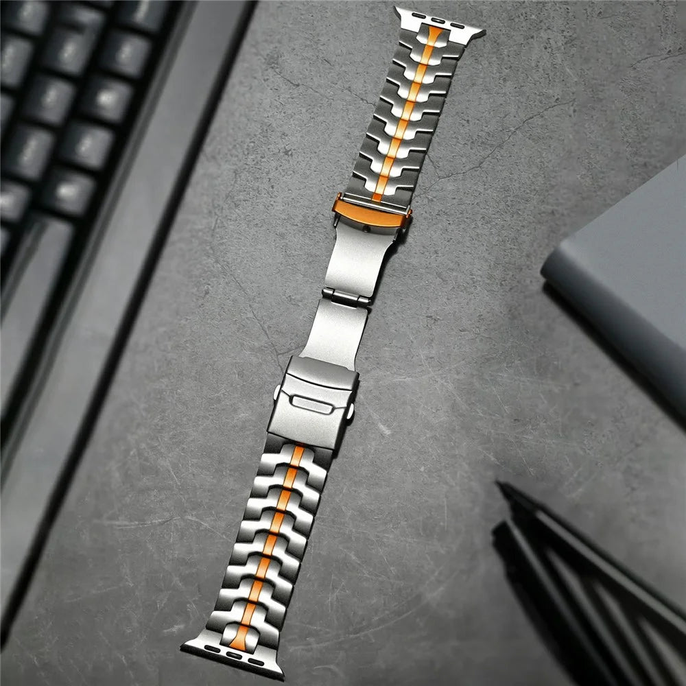 Titanium Alloy Watch Strap for Apple Watch Series 11 10 42mm / 9 8 7 41mm / SE3 SE2 SE 6 5 4 40mm / 3 2 1 38mm - Titanium+Orange - 6