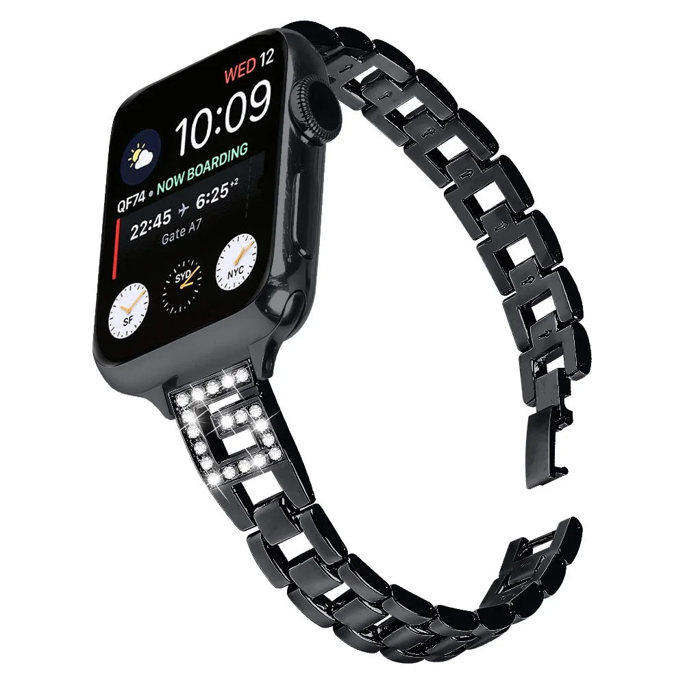 For Apple Watch Series 11 10 42mm / 9 8 7 41mm / SE3 SE2 SE 6 5 4 40mm / 3 2 1 38mm Watch Band G-Shape Rhinestone Decor - Black - 2