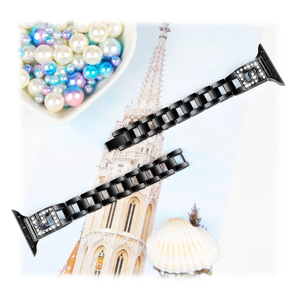 For Apple Watch Series 11 10 42mm / 9 8 7 41mm / SE3 SE2 SE 6 5 4 40mm / 3 2 1 38mm Watch Band G-Shape Rhinestone Decor - Black - 6