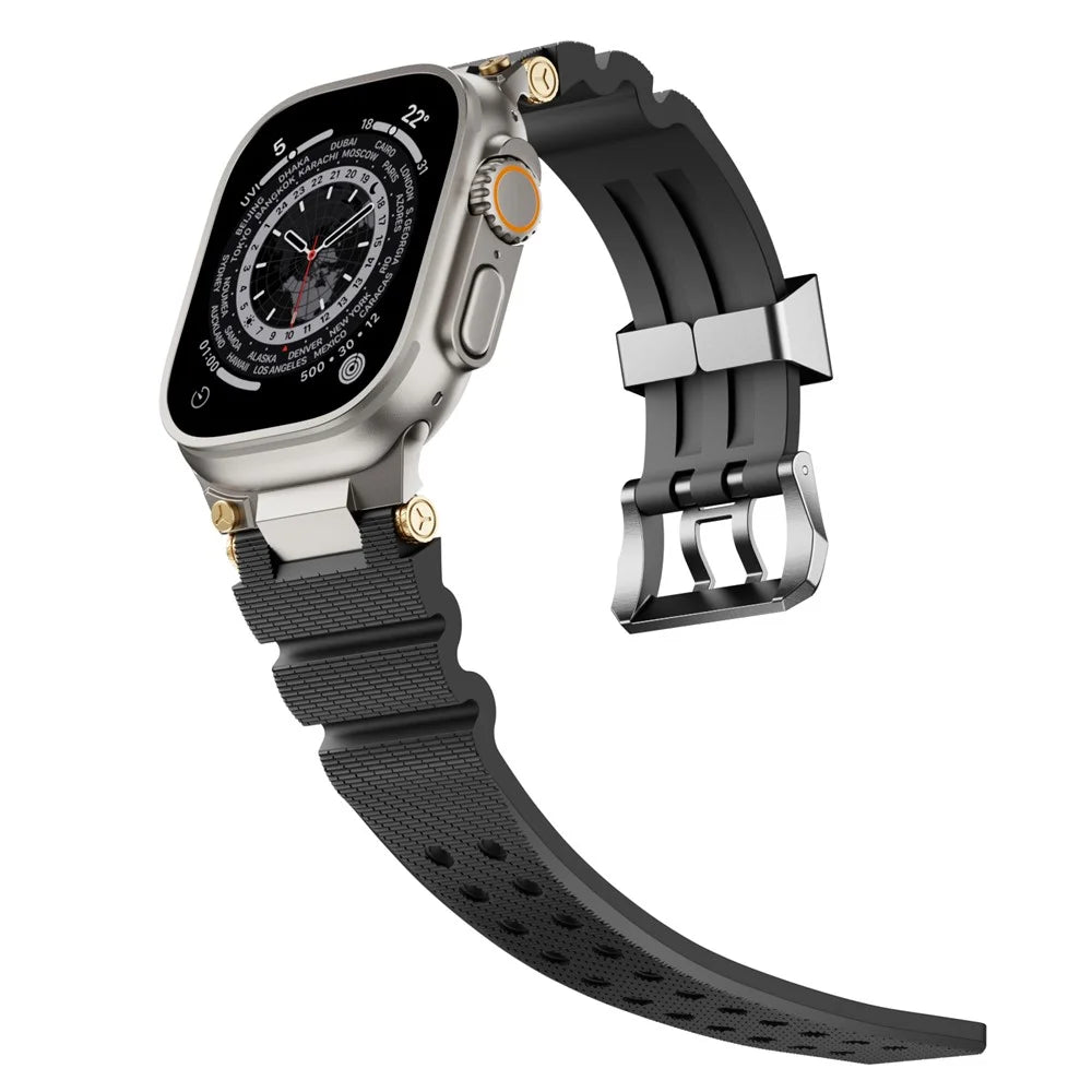Silicone Strap for Apple Watch Ultra 3 2 1 49mm / Series 11 10 46mm / 9 8 7 45mm / SE3 SE2 SE 6 5 4 44mm / 3 2 1 42mm with Silver Buckle and Connector - Black - 3