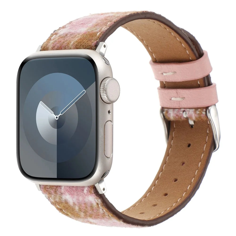 Watchband For Apple Watch Series 11 10 42mm / 9 8 7 41mm / SE3 SE2 SE 6 5 4 40mm / 3 2 1 38mm Wool Fabric Grid Watch Strap - Grid Pink - 3