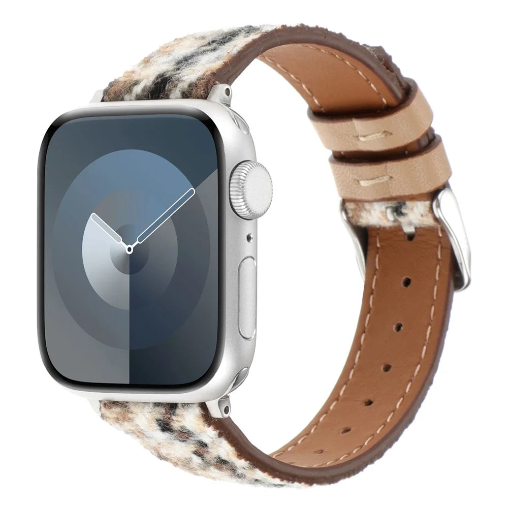 Watch Strap For Apple Watch Ultra 3 2 1 49mm / Series 11 10 46mm / 9 8 7 45mm / SE3 SE2 SE 6 5 4 44mm / 3 2 1 42mm Grid Leather Wool Watchband - White Brown - 3