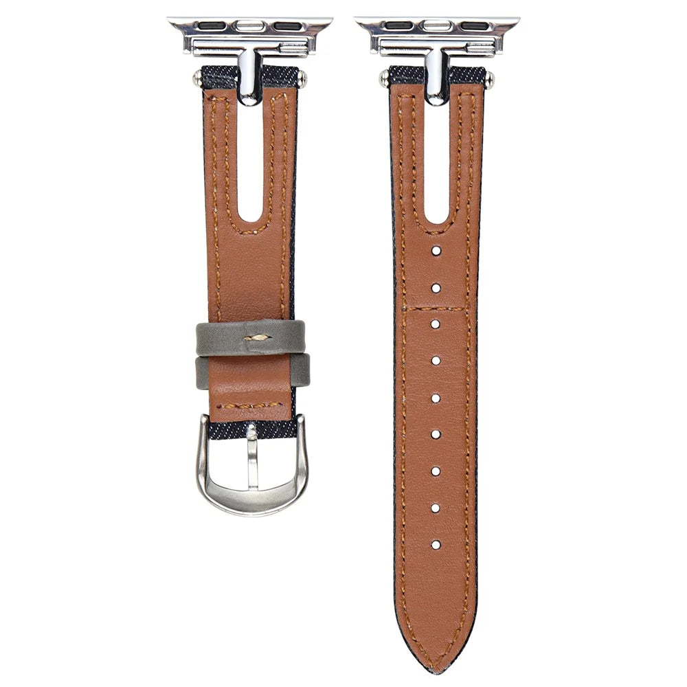 Denim+Leather Watch Strap for Apple Watch Ultra 3 2 1 49mm / Series 11 10 46mm / 9 8 7 45mm / SE3 SE2 SE 6 5 4 44mm / 3 2 1 42mm - Light Blue+Brown - 2