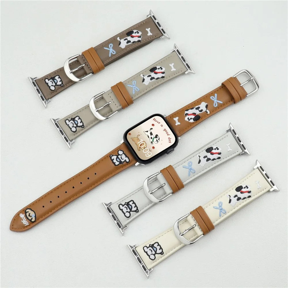 Embroidered Puppy Leather Strap for Apple Watch Series 11 10 42mm / 9 8 7 41mm / SE3 SE2 SE 6 5 4 40mm / 3 2 1 38mm - White - 3