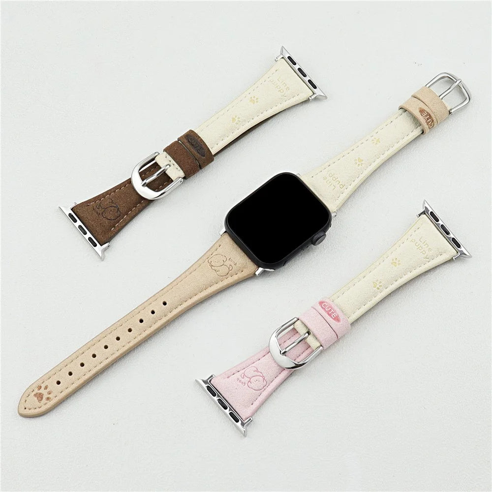 Cartoon Puppy Pattern Leather Strap for Apple Watch Ultra 3 2 1 49mm / Series 11 10 46mm / 9 8 7 45mm / SE3 SE2 SE 6 5 4 44mm / 3 2 1 42mm - Apricot+White - 3