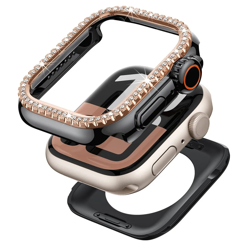 Watch Case for Apple Watch SE3 / SE2 / SE1 /  6 / 5 / 4 44mm Rhinestone Decor Hollow PC Frame Cover - Black+Rose Gold Dial - 1