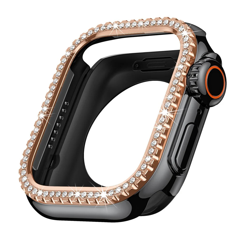 Watch Case for Apple Watch Series 9 / 8 / 7 45mm Rhinestone Decor Hollow PC Frame Cover - Black+Rose Gold Dial - 4