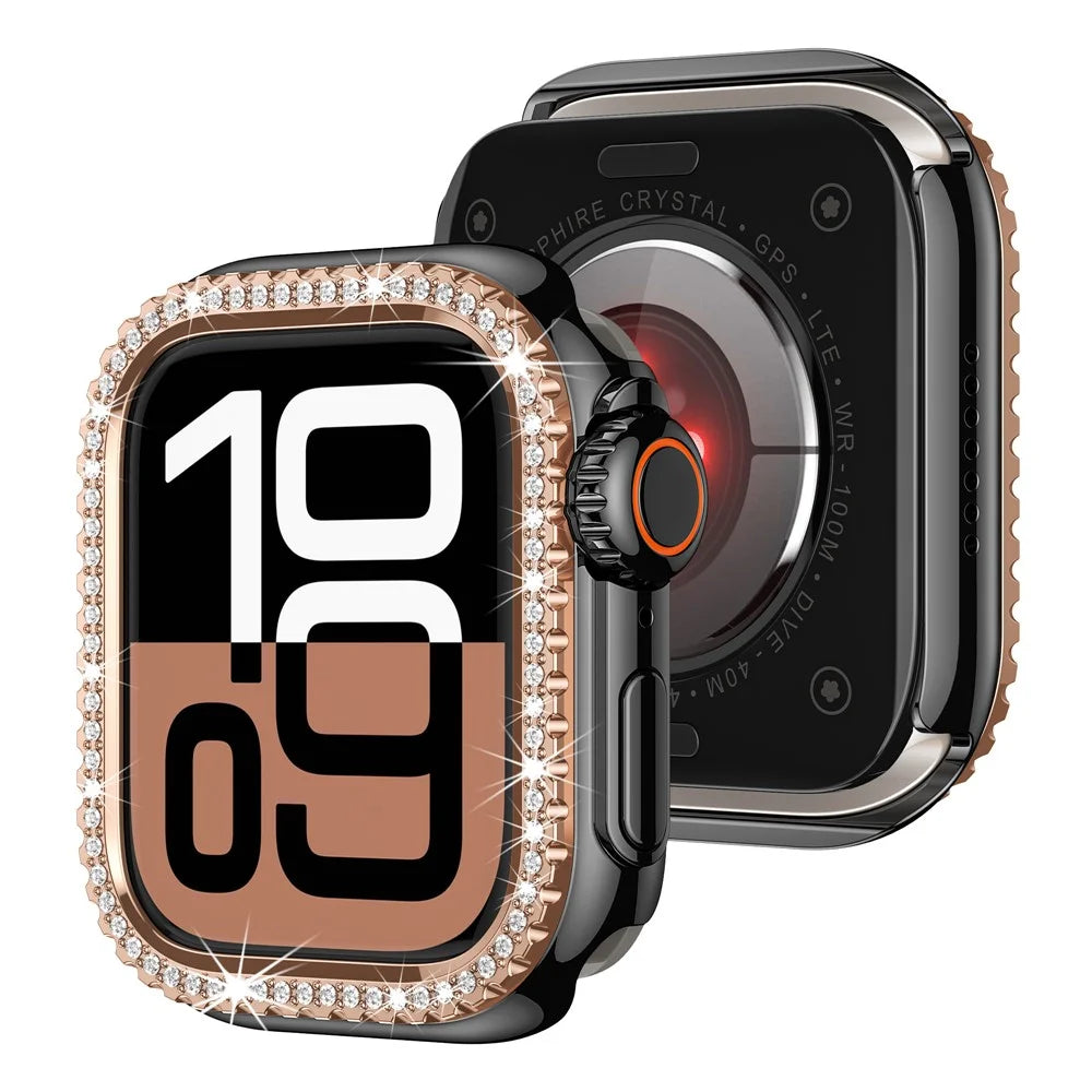 Watch Case for Apple Watch Series 9 / 8 / 7 45mm Rhinestone Decor Hollow PC Frame Cover - Black+Rose Gold Dial - 5