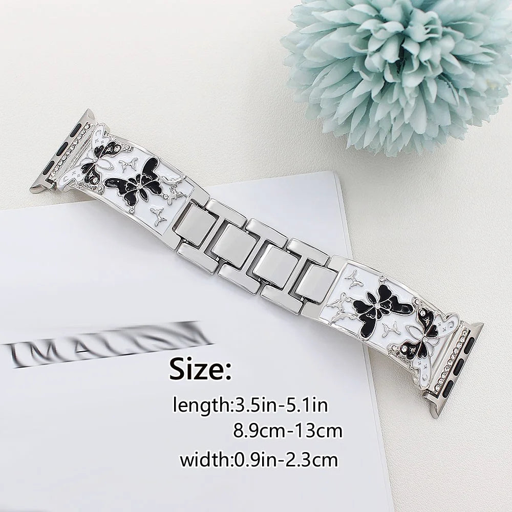 Watch Strap for Apple Watch Series 11 10 42mm / 9 8 7 41mm / SE3 SE2 SE 6 5 4 40mm / 3 2 1 38mm Enamel Butterfly Metal Band - Silver - 2