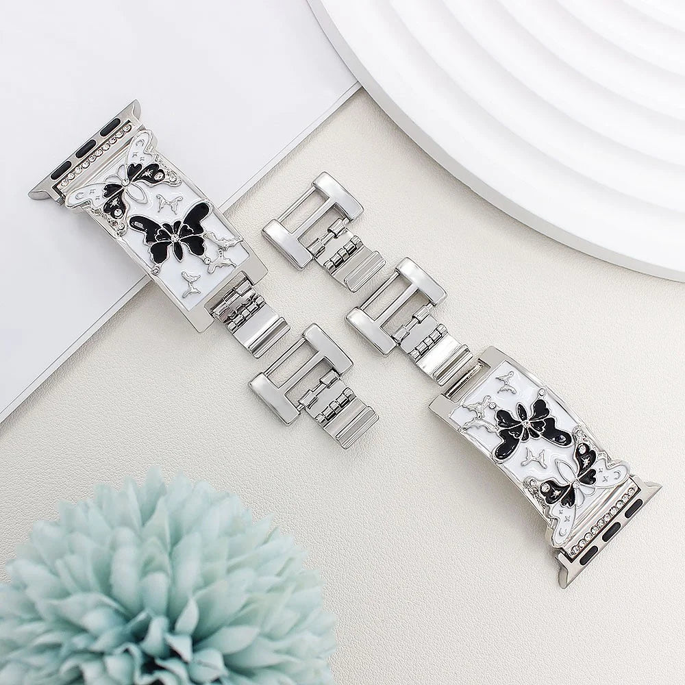 Watch Strap for Apple Watch Series 11 10 42mm / 9 8 7 41mm / SE3 SE2 SE 6 5 4 40mm / 3 2 1 38mm Enamel Butterfly Metal Band - Silver - 3