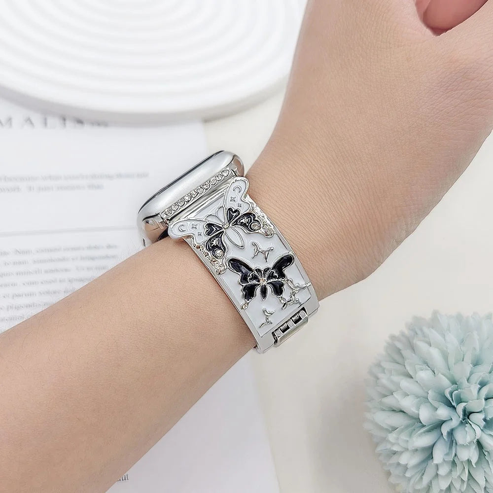 Watch Strap for Apple Watch Series 11 10 42mm / 9 8 7 41mm / SE3 SE2 SE 6 5 4 40mm / 3 2 1 38mm Enamel Butterfly Metal Band - Silver - 5