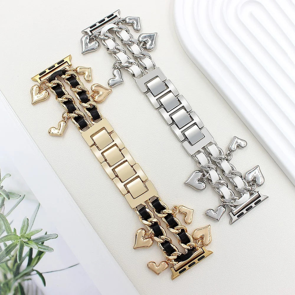 Watch Strap for Apple Watch Series 11 10 42mm / 9 8 7 41mm / SE3 SE2 SE 6 5 4 40mm / 3 2 1 38mm Alloy+Leather Band with Heart Pendant - Silver - 6
