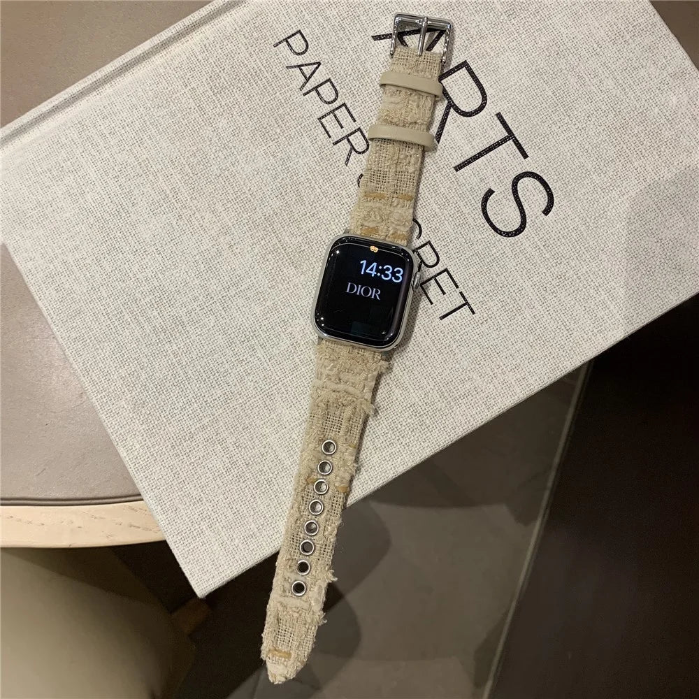 Genuine Cow Leather + Wool Strap for Apple Watch Ultra 3 2 1 49mm / Series 11 10 46mm / 9 8 7 45mm / SE3 SE2 SE 6 5 4 44mm / 3 2 1 42mm - Cream White - 2