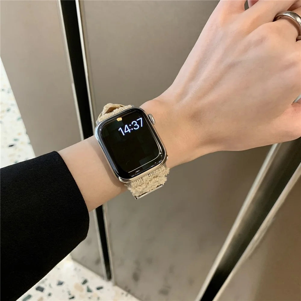 Genuine Cow Leather + Wool Strap for Apple Watch Ultra 3 2 1 49mm / Series 11 10 46mm / 9 8 7 45mm / SE3 SE2 SE 6 5 4 44mm / 3 2 1 42mm - Cream White - 5