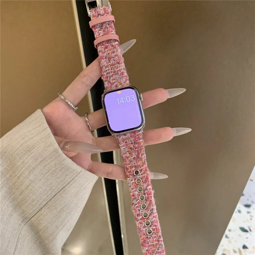 Genuine Cow Leather + Wool Strap for Apple Watch Series 11 10 42mm / 9 8 7 41mm / SE3 SE2 SE 6 5 4 40mm / 3 2 1 38mm Winter Watchband - Pink - 3