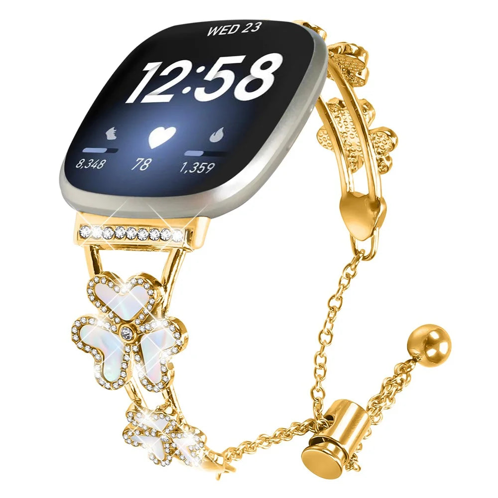 Metal Band Heart Clover Decor For Fitbit Versa 3  /  Sense Watch Bracelet Replacement - Gold - 2