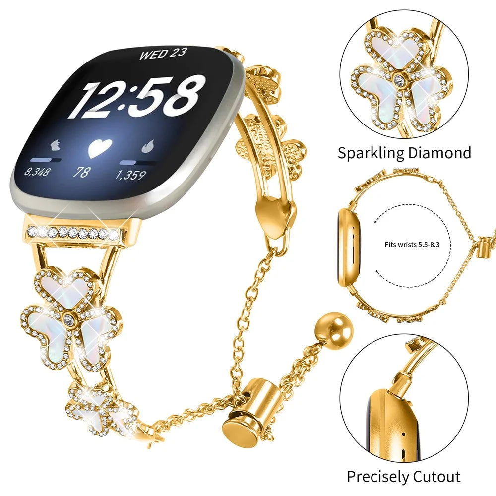 Metal Band Heart Clover Decor For Fitbit Versa 3  /  Sense Watch Bracelet Replacement - Gold - 4