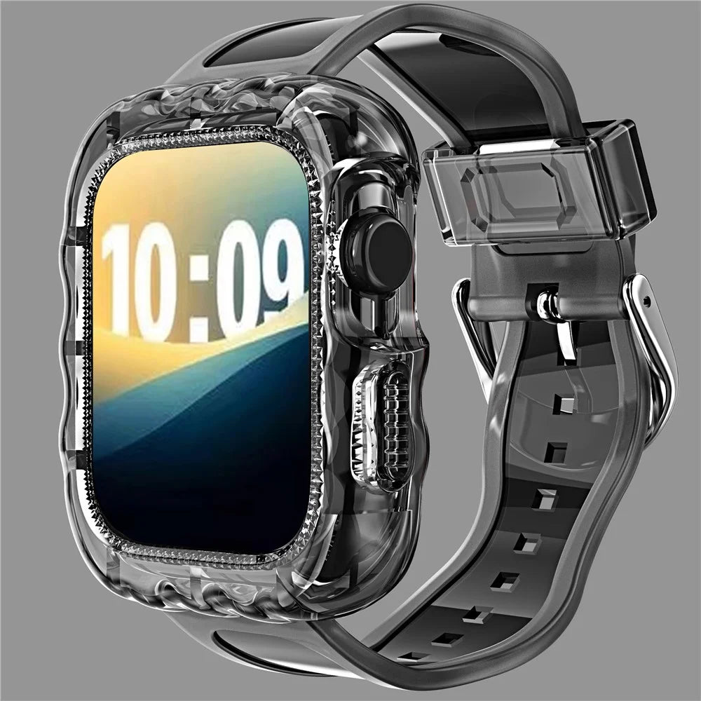 For Apple Watch Series 10 42mm Watch Case with Band Wave Pattern Integrated Watch Strap TPU Adjustable - Black - 2